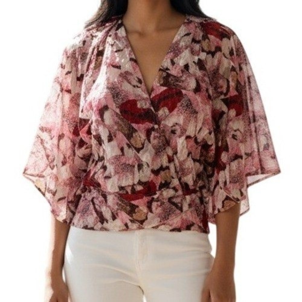 IRO Paris Pink Silk Cotton Blend Bernie Floral Wrap Blouse EUC‎ 36/4